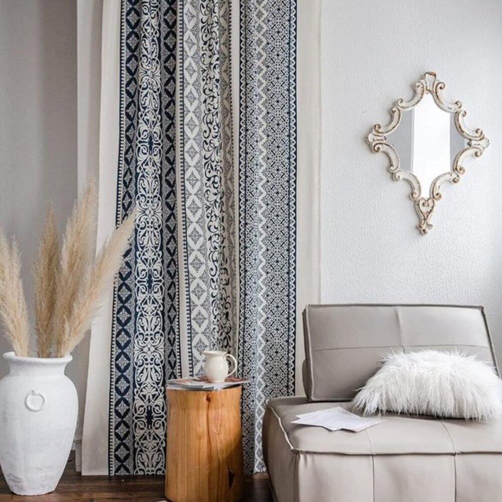 LaHome Boho Living Room Curtain | Navy & Cream | 59" x 84" | Single Panel